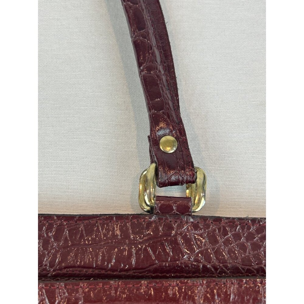 Vintage Burgundy Croc Embossed Leather Handbag Gold Hardware Top Handles Elegant - Picture 5 of 13